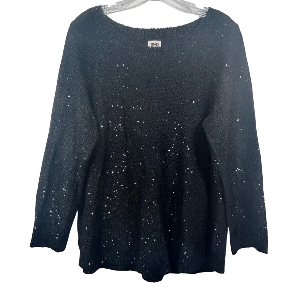 Anne Klein Womens XL Black Sequin Knit Long Sleeve Crew Neck Pullover Sweater